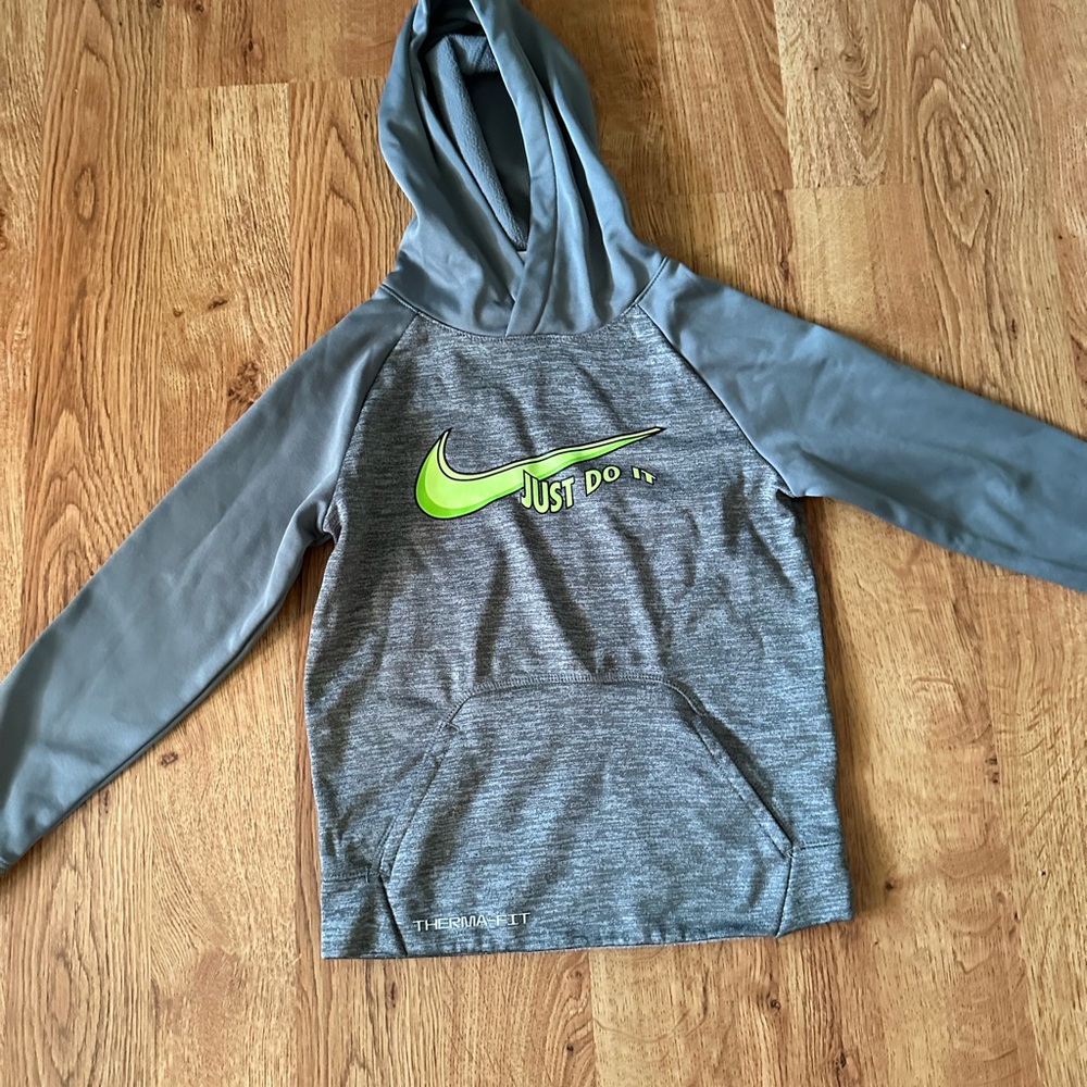 Nike Kids Gray Hoodie with Neon Green Swoosh